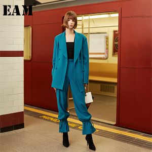 [EAM] Pantalon long à jambe large Costume deux pièces Nouveau revers à manches longues Noir Coupe ample Femmes Mode Tide Printemps Automne 2020 1H834 T200702