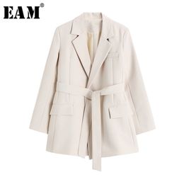 [EAM] Mujeres Albaricoque Breve Vendaje Ocio Blazer Solapa Manga larga Chaqueta suelta Moda Primavera Otoño 1X791 211019