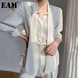 [EAM] femmes Beige en mousseline de soie grande taille Bandage Blouse col en V à manches longues coupe ample chemise mode printemps automne 1DD6053 21512