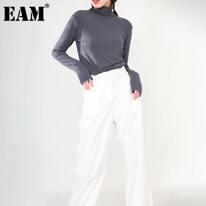 [EAM] Dames Big Size Grijs Korte Temperament T-shirt Turtleneck Lange Mouwen Mode Lente Herfst 1DD221802 210512