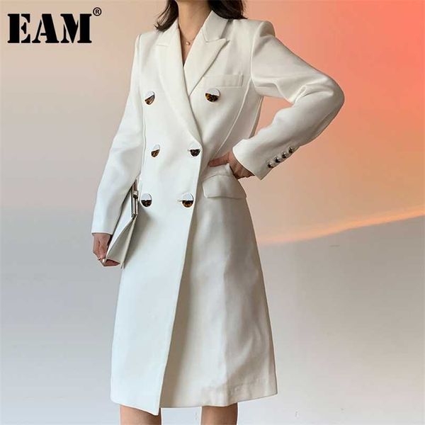 [EAM] Chaqueta blanca larga con doble botonadura para mujer, chaqueta holgada de manga larga con muescas, moda primavera otoño 1DD5243 211006