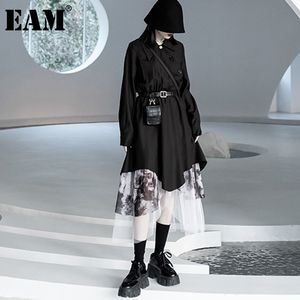 [EAM] femmes noir asymétrique maille grande taille robe revers manches longues coupe ample mode printemps automne 1DD5956 210512