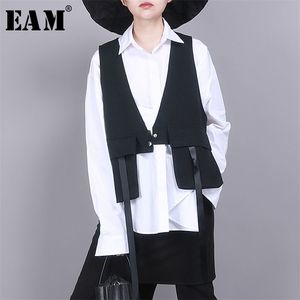 [EAM] femmes noir asymétrique fendu Joint coupe ample gilet col en V sans manches mode printemps automne 1R854 210817