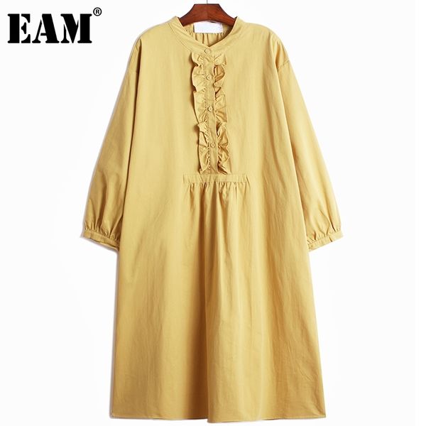 [EAM] Mujeres Negro Tamaño grande Casual Fungus Pockets Vestido Stand Neck Manga larga Loose Fit Moda Primavera Otoño 1DD8238 21512