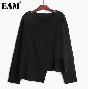 [EAM] Vrouwen Zwart Big Size Casual Losse Onregelmatige Cross T-shirt V-hals Lange Mouw Mode Lente Herfst 1DD8212 210512