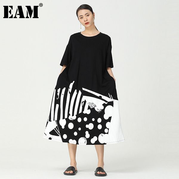 [EAM] femmes noir grande taille peint à la main robe col rond manches courtes coupe ample mode printemps automne 1DD6711 210512