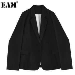 [EAM] femmes noir grande taille poche jolie pochette revers manches longues coupe ample veste mode printemps automne 1DD7868 210512