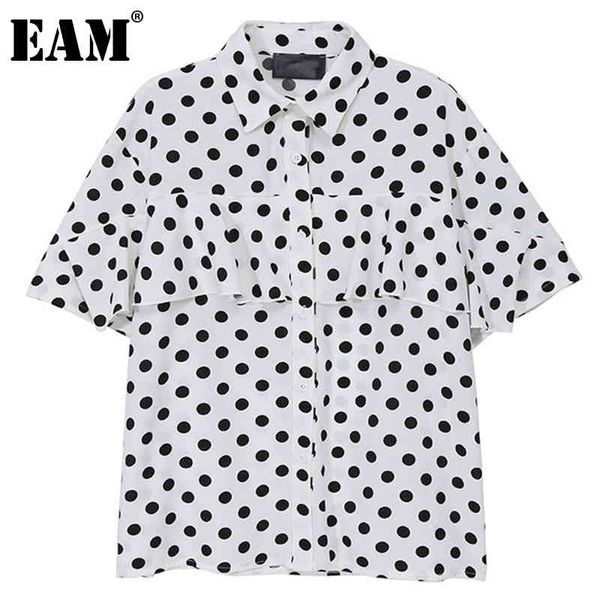 [EAM] femmes noir grande taille à pois volants Blouse revers manches courtes coupe ample chemise mode printemps été 1DD6991 21512