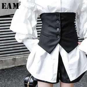 [EAM] Women Black Button Split Joint Asymmetrische losse Fit Vest Mouwloze Mode Lente Herfst 1K371 211120