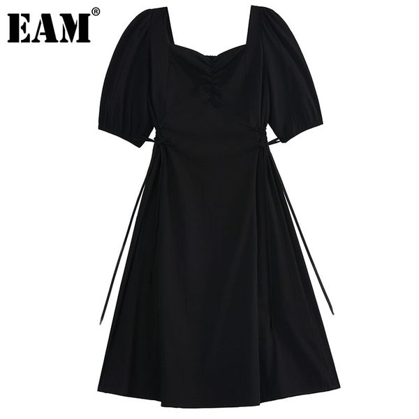 [EAM] femmes noir décontracté plissé robe Vintage col carré bouffée manches courtes coupe ample mode printemps été 1DD7914 21512