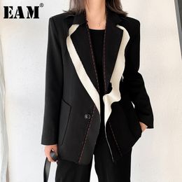 [EAM] femmes noir contraste couleur Burr Blazer nouveau revers à manches longues coupe ample veste mode marée printemps automne 1W519 201114