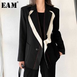 [EAM] femmes noir contraste couleur Burr Blazer revers manches longues coupe ample veste mode printemps automne 1W519 211019