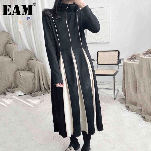 [EAM] Vestido largo de cuello alto de manga larga para mujer, color negro, en contraste, holgado, a la moda, para primavera y otoño, 1DD6129 21512