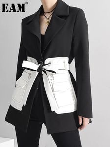 EAM femmes noir contraste couleur poche Blazer revers à manches longues coupe ample veste mode printemps automne 1S39401 240202