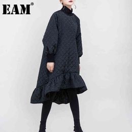 [EAM] femmes noir coton rembourré volants robe nouveau col rond manches longues coupe ample mode marée automne hiver 2022 1M9310 G1214
