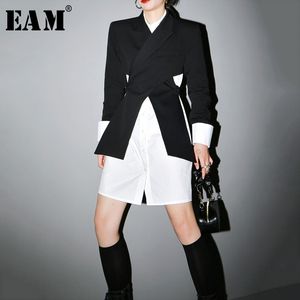 [EAM] Femmes Black Cross Split Joint Blazer Nouveau revers à manches longues Coupe ample Veste Fashion Tide Printemps Automne 1T447 201114