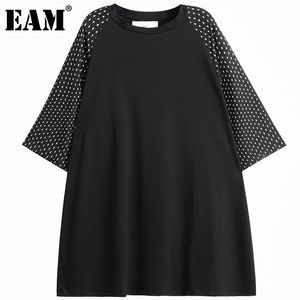 [EAM] femmes noir point imprimé grande taille t-shirt style décontracté col rond demi manches mode printemps été 1DD7775 21512