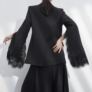 [EAM] femmes noir dentelle Vent Split Joint Blazer nouveau revers à manches longues coupe ample veste mode marée printemps automne 1W51701 201201