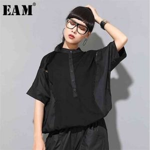[EAM] Femmes Noir Lettre Évider Grande Taille T-shirt Col Montant Demi Manches Mode Printemps Été 1W0 210722