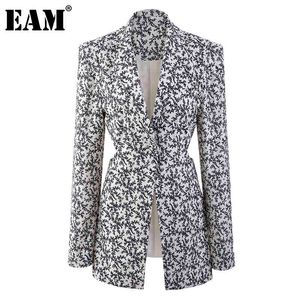 [EAM] femmes noir motif imprimé Long Blazer revers à manches longues coupe ample veste mode printemps automne 1DD6922 21512