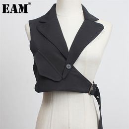 [EAM] Dames Zwart Plaid Onregelmatige Stitch Losse Fit Vest V-Collar Mouwloze Mode Lente Herfst 1DC530 210819