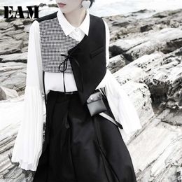 [EAM] Dames Zwart Plaid Split Asymmetrisch Losse Fit Vest V-Collar Mouwloze Mode Lente Herfst 1H073 211120