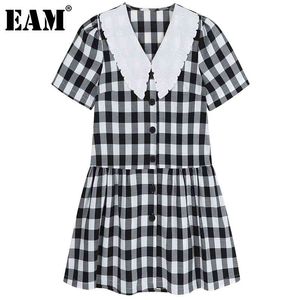 [EAM] femmes noir Plaid Vintage robe col claudine manches courtes coupe ample mode printemps été 1DD8735 210512