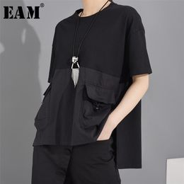 [EAM] Mulheres Bolso Preto Irregular Split Tamanho Grande T-shirt Novo Pescoço Redondo Manga Curta Moda Maré Primavera Verão 1T70601 210324