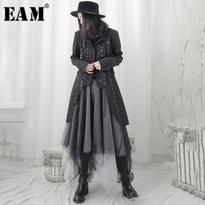 [EAM] Femmes Ruban Noir Asymétrique Longue Trench Nouveau Revers Manches Longues Coupe Ample Coupe-Vent Mode Tide Printemps 1T698 201102