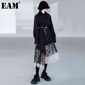 [EAM] Femmes Noir Snowflake Mesh Robe asymétrique Revers à manches longues Coupe ample Mode Printemps Automne 1DD5955 210512