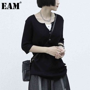 [EAM] femmes noir épissé tricot grande taille t-shirt décontracté col rond demi manches mode printemps été 1DD7630 21512