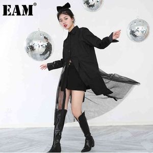 [EAM] Dames Zwart Gesplitst Mesh Onregelmatige Midi-jurk Revers Lange Mouw Loose Fit Mode Lente Herfst 1DD518201 21512