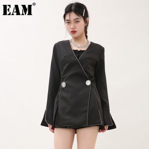 [EAM] femmes noir Vent tempérament Blazer col en V à manches longues coupe ample veste mode printemps automne WD618 210512