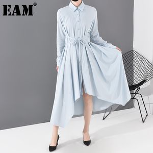 [EAM] femmes bleu asymétrique ourlet robe de pansement revers manches longues coupe ample mode printemps automne JO665 210512