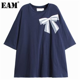 [EAM] Dames Blue Big Size Bow Print Casual Losse T-shirt Ronde hals Korte Mouw Mode Lente Zomer 1DD7246 210512