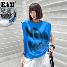 [EAM] Dames Blue Big Size Casual Printed Shoulder Pads T-shirt Ronde hals Mouwloze Mode Lente Zomer 1DD8791 210512
