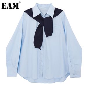 [EAM] femmes bleu grande taille tricot épissé Blouse revers à manches longues coupe ample chemise mode printemps automne 1DD6907 21512