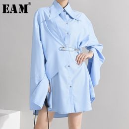 [EAM] Femmes Bleu Bref Grande Taille Pin Stitch Blouse Nouveau Revers Manches Longues Coupe Ample Chemise Mode Marée Printemps Automne 1W48905 210410