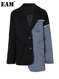 EAM Women Blue Denim Irregular Casual Blazer Lapel Long Sleeve Loose Fit Jacket Fashion Spring Autumn 2A04505 240108