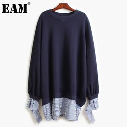 [Eam] Femmes Bleu Fake Deux Doubles à rayures plissées Robe ronde Col à manches longues en vrac Fit Fashion Spring Automne 1DD8220 210512