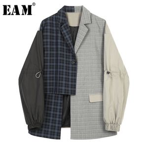 [EAM] Femmes Bleu Plaid Asymétrique Grande Taille Blazer Nouveau Revers À Manches Longues Lâche Fit Veste De Mode Printemps Automne 1B4690 201023