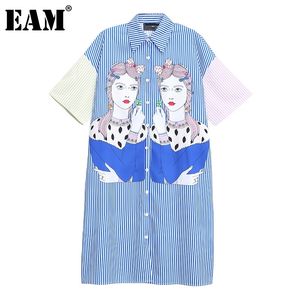 [EAM] Dames Blauw Gestreept Big Size Print Shirt Jurk Revers Korte Mouw Losse Fit Mode Lente Zomer 1DD7522 210512