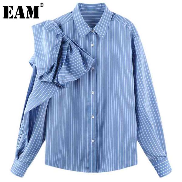 [EAM] Femmes Blue Blue Bow Broad Big Taille Blouse Vapel À manches longues Fit T-shirt Fashion Spring Automne 1DD1108 210512