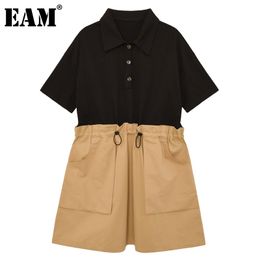 [EAM] Dames Bruin Big Size Spliced ​​Pocket Strap Jurk Revers Korte Mouw Losse Fit Fashion Lente Zomer 1DD6913 21512