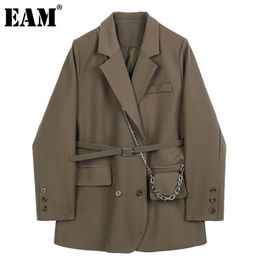 [EAM] Dames Bruin Pocket Big Size Blazer Revers Lange Mouw Losse Fit Jas Mode Lente Herfst 1dB850 211104