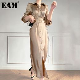 [EAM] vestido elegante ajustado con fajas color champán para mujer, solapa, manga larga, corte holgado, moda Primavera otoño 1DD7317 21512