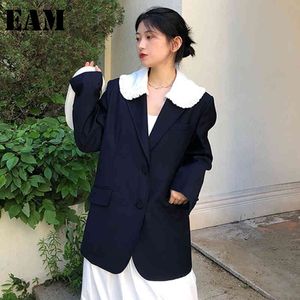 [EAM] femmes Drak bleu dentelle grande tailleBlazer volants à manches longues coupe ample veste mode printemps automne 1DD6467 21512