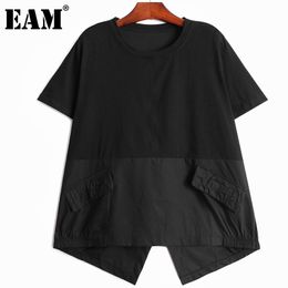 [EAM] Dames Grijs Onregelmatige Back Oblique Big Big Size T-shirt Ronde hals Korte Mouw Mode Zomer 1DD6785 210512