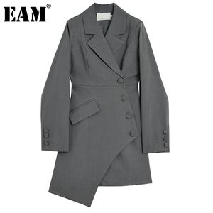 [EAM] Chaqueta larga gris con diseño Irregular para mujer, chaqueta holgada con manga de solapa, moda primavera otoño 1DE2148 211019