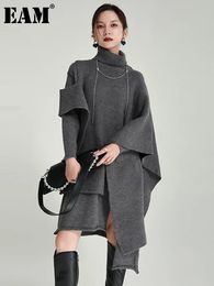 Eam Women Gray Diseño irregular Vestido de tejido Turtleneck manga larga Fash Fash Fashion Spring otoño 2024 1DF2618 231225